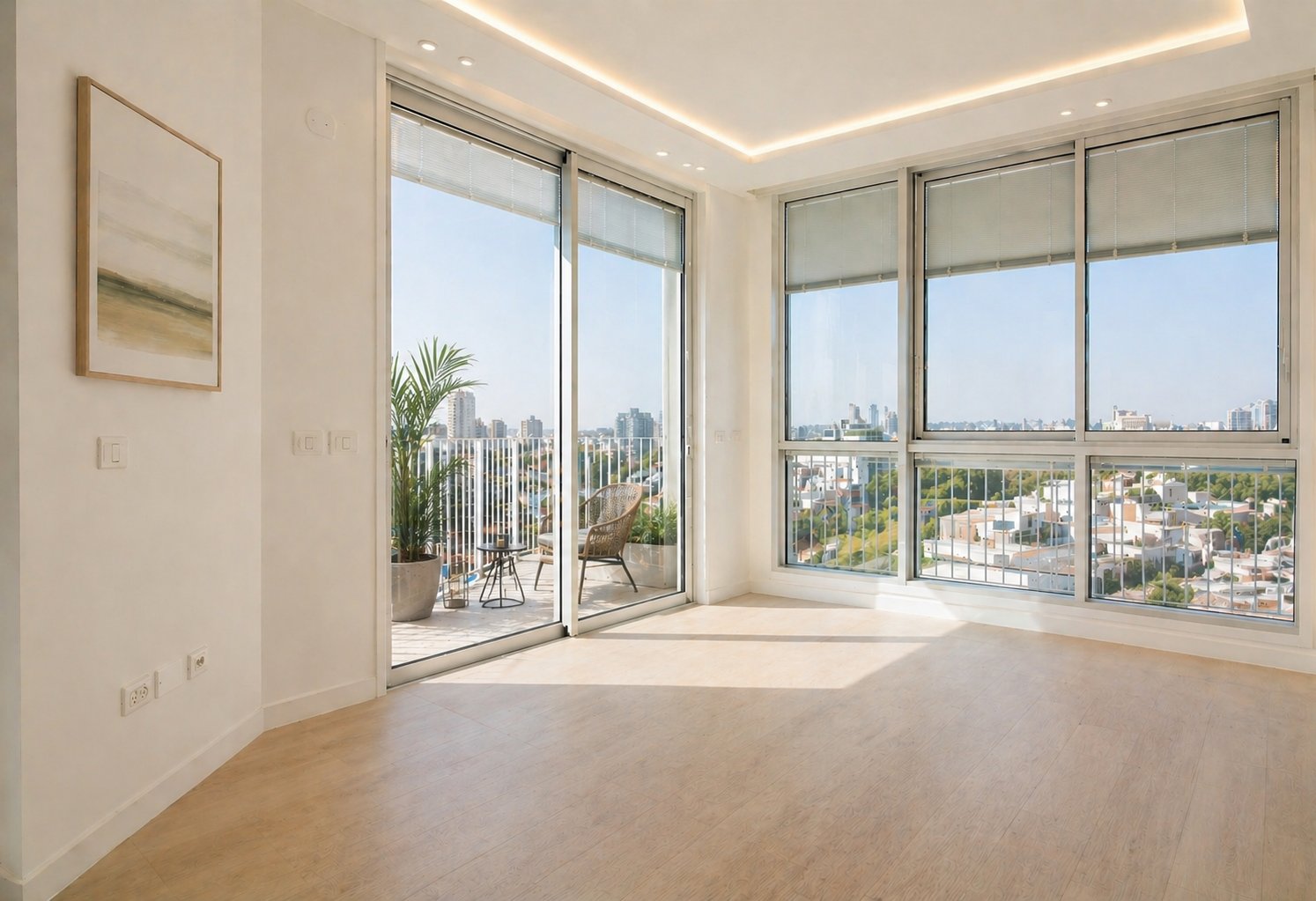 סלון מרווח בפנטהאוז עם פינת אוכל וצמחייה — נוף פנורמי